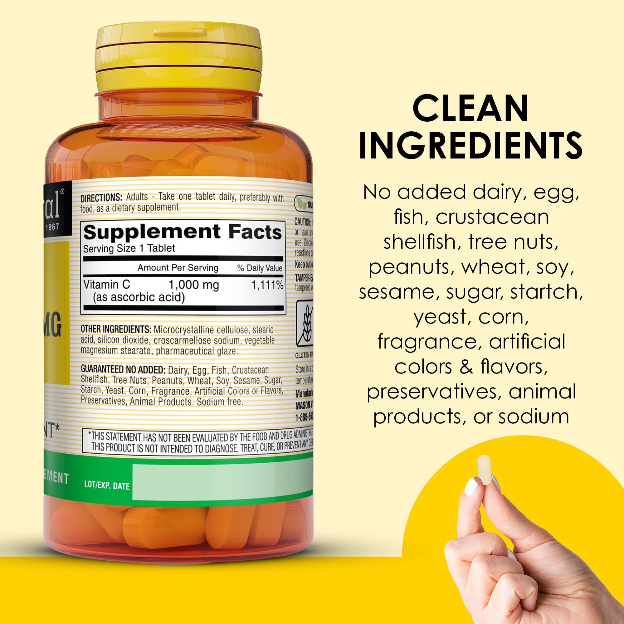 Mason Natural Vitamin C ingredient list image communicates clean ingredients and allergen-free profile