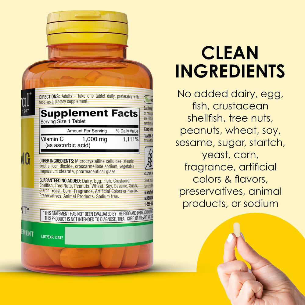 Mason Natural Vitamin C ingredient list image communicates clean ingredients and allergen-free profile
