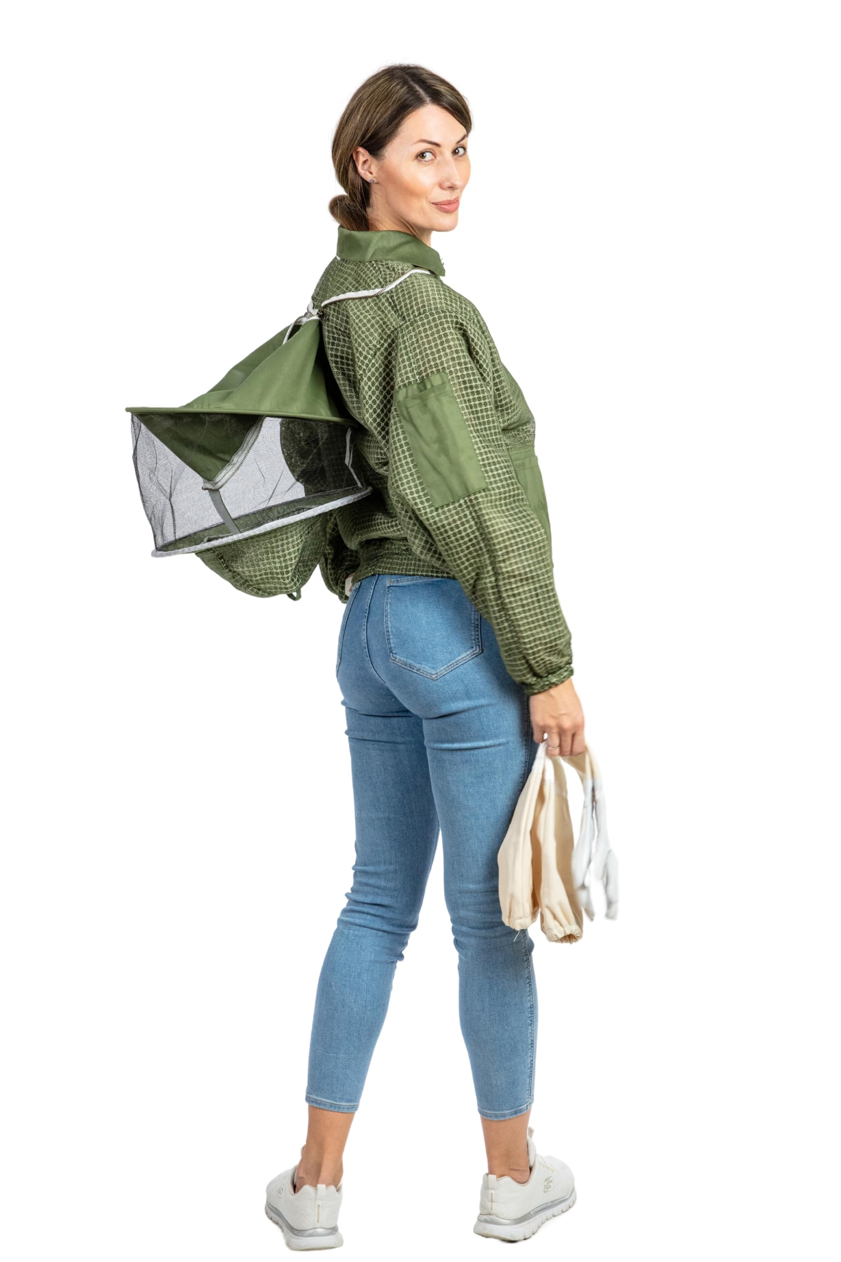 Massive Bee Store olive-green jacket with detachable veil for easy cleaning.