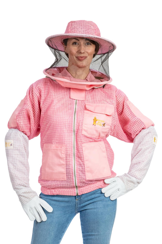 Massive Bee Store ventilated beekeeping jacket with round pink veil, front view for all-day comfort.