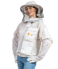 Massive Bee Store jacket features brass zippers and sturdy pockets for rugged beekeeping.