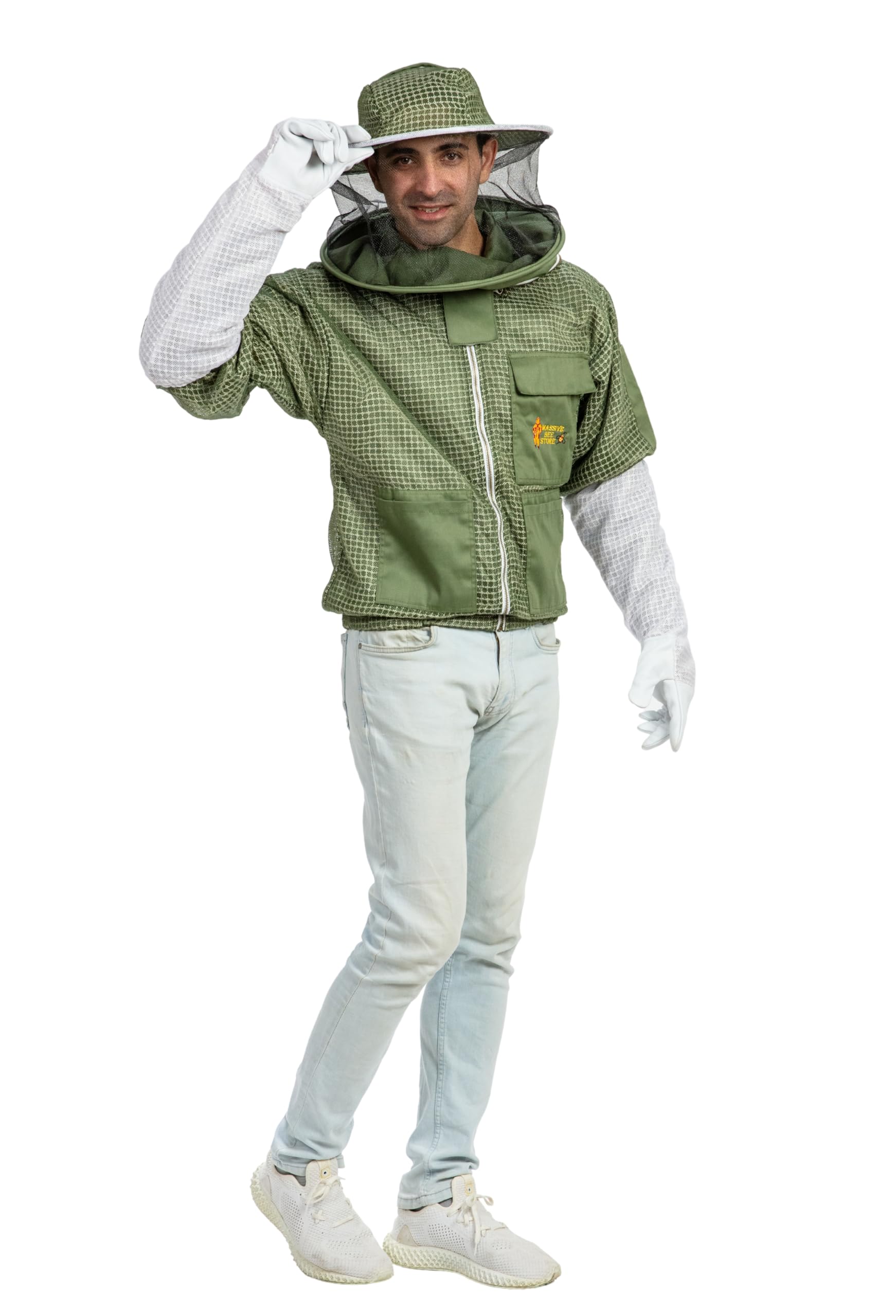 Massive Bee Store premium beekeeping jacket with fencing veil for visibility.