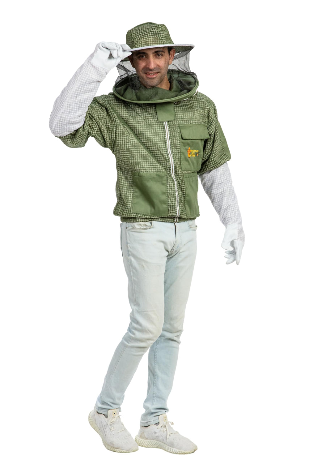 Massive Bee Store premium beekeeping jacket with fencing veil for visibility.