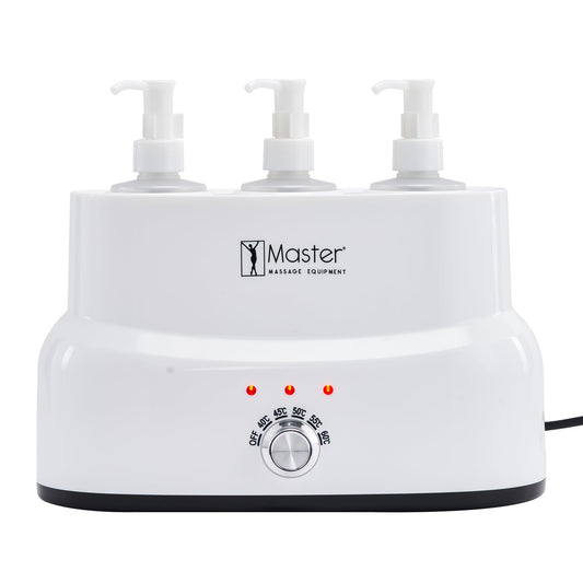 Master Massage 3-Bottle Warmer front view in white for spa setups.