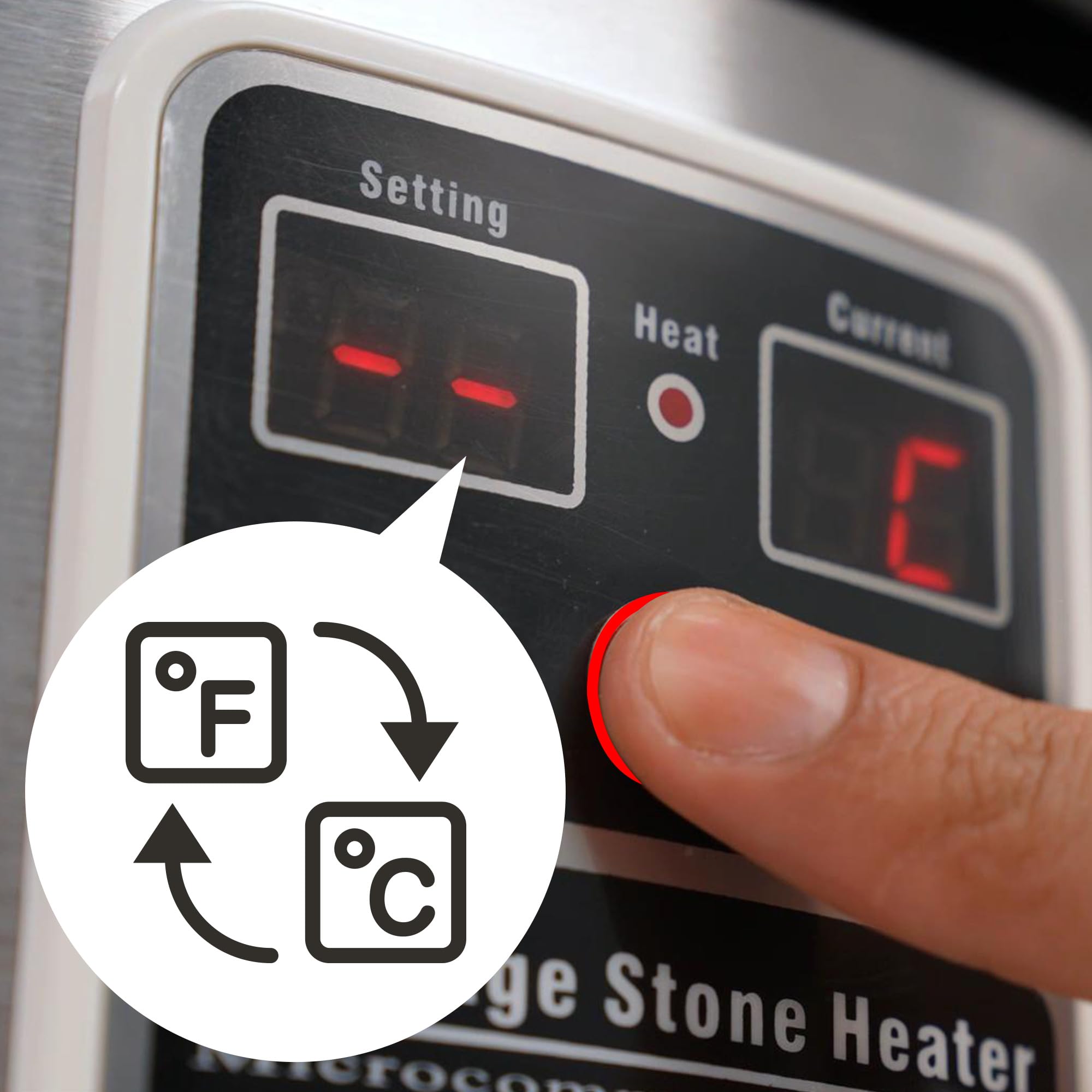 Master Massage control buttons provide easy Fahrenheit or Celsius adjustment.