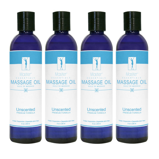 Master Massage Unscented Organic Massage Oil bottle shows silky glide for spa sessions.