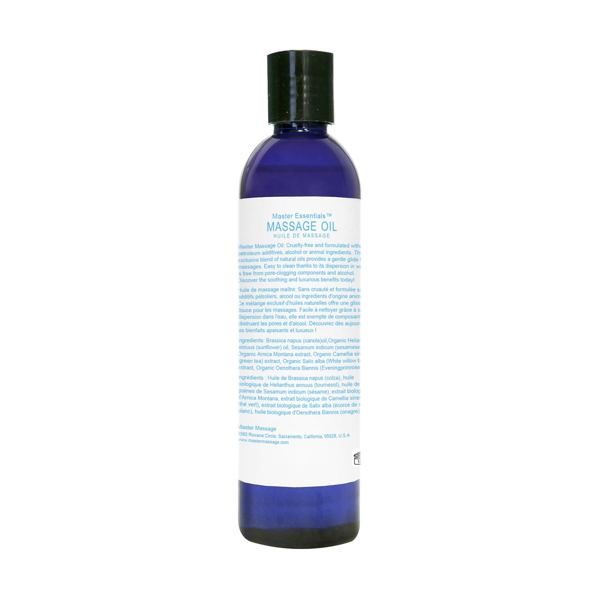 Master Massage water-soluble blend being poured highlights easy cleanup after massage sessions.