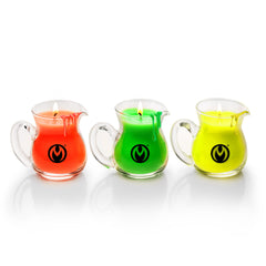 Master Series Blacklight wax pitcher neon red glow for immersive BDSM scenes.
