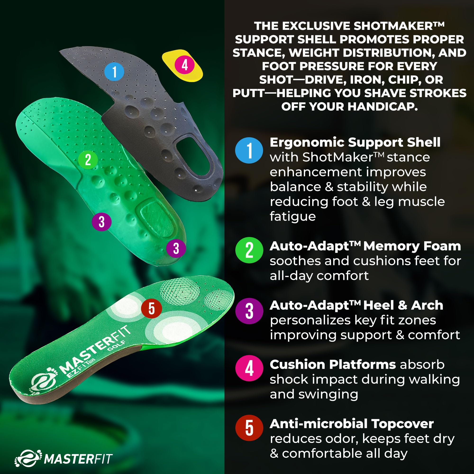 MASTERFIT EZQF arch-support maintains comfortable foot alignment for long rounds
