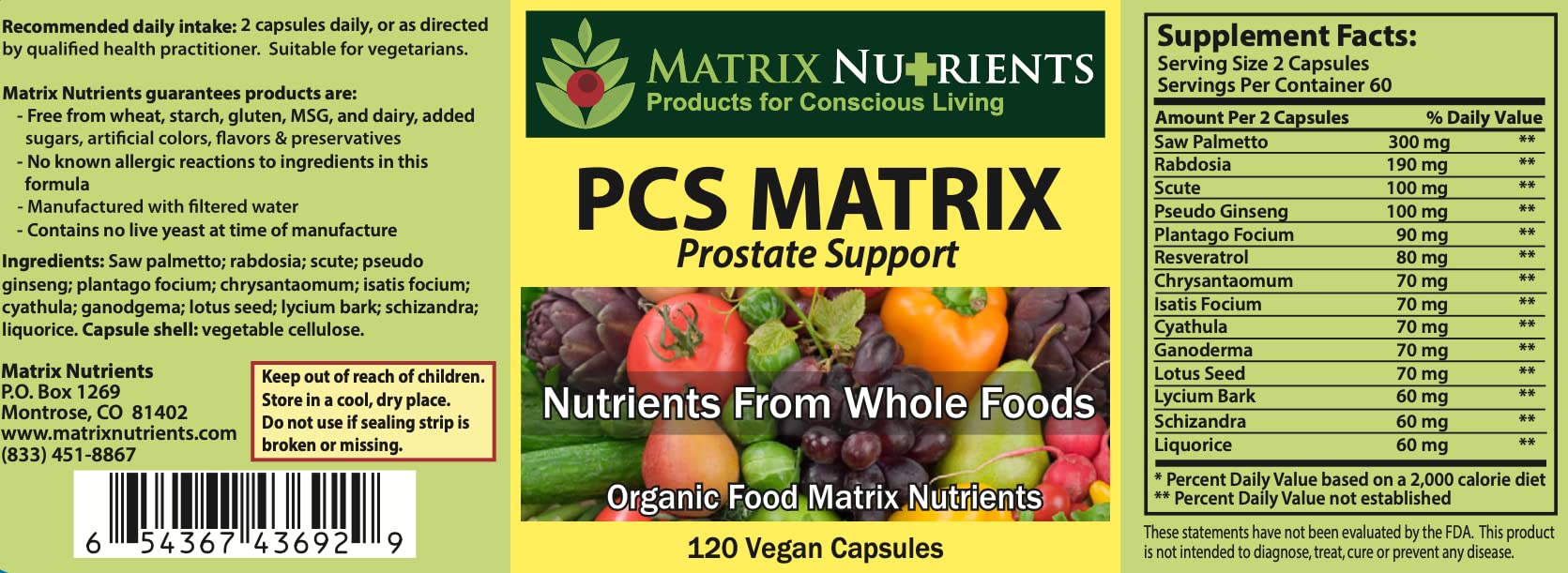 PCS Matrix capsules in blister pack highlighting natural ingredients