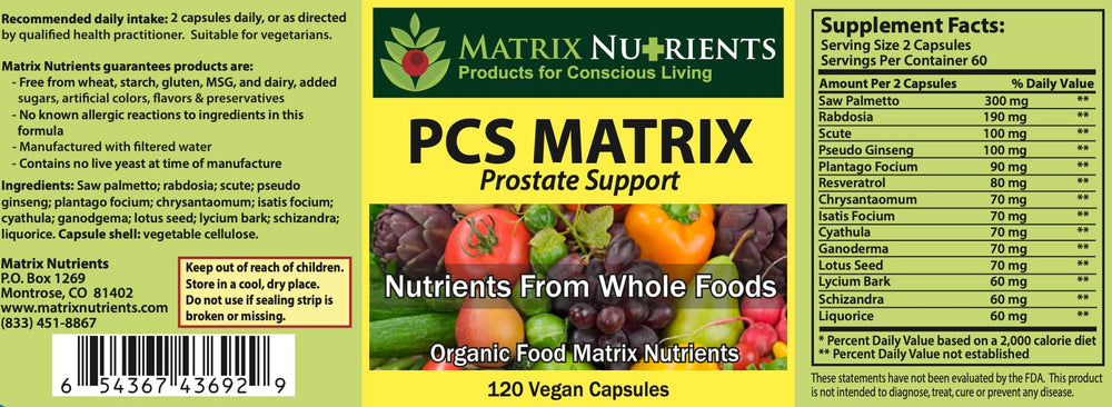 PCS Matrix capsules in blister pack highlighting natural ingredients