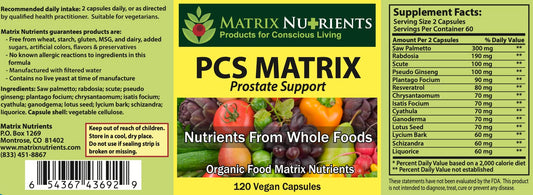 PCS Matrix capsules in blister pack highlighting natural ingredients