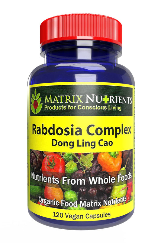 Matrix Nutrients Rabdosia Complex bottle front with vegan capsules for antioxidant support.