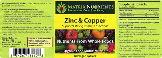 Matrix Nutrients zinc copper tablets close-up highlighting clean organic ingredients