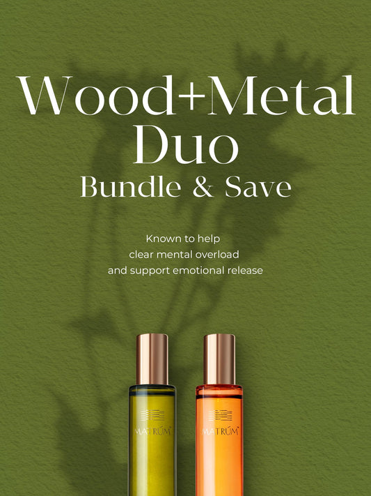 MATRÚM wood and metal packaging highlights a premium massage oil for daily use.