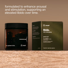 Maude 30 Day Libido Gummies bottle close-up showing tasty, convenient feminine wellness support