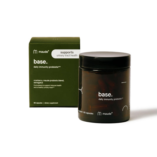 MAUDE Base bottle front showing daily probiotic balance for gut health