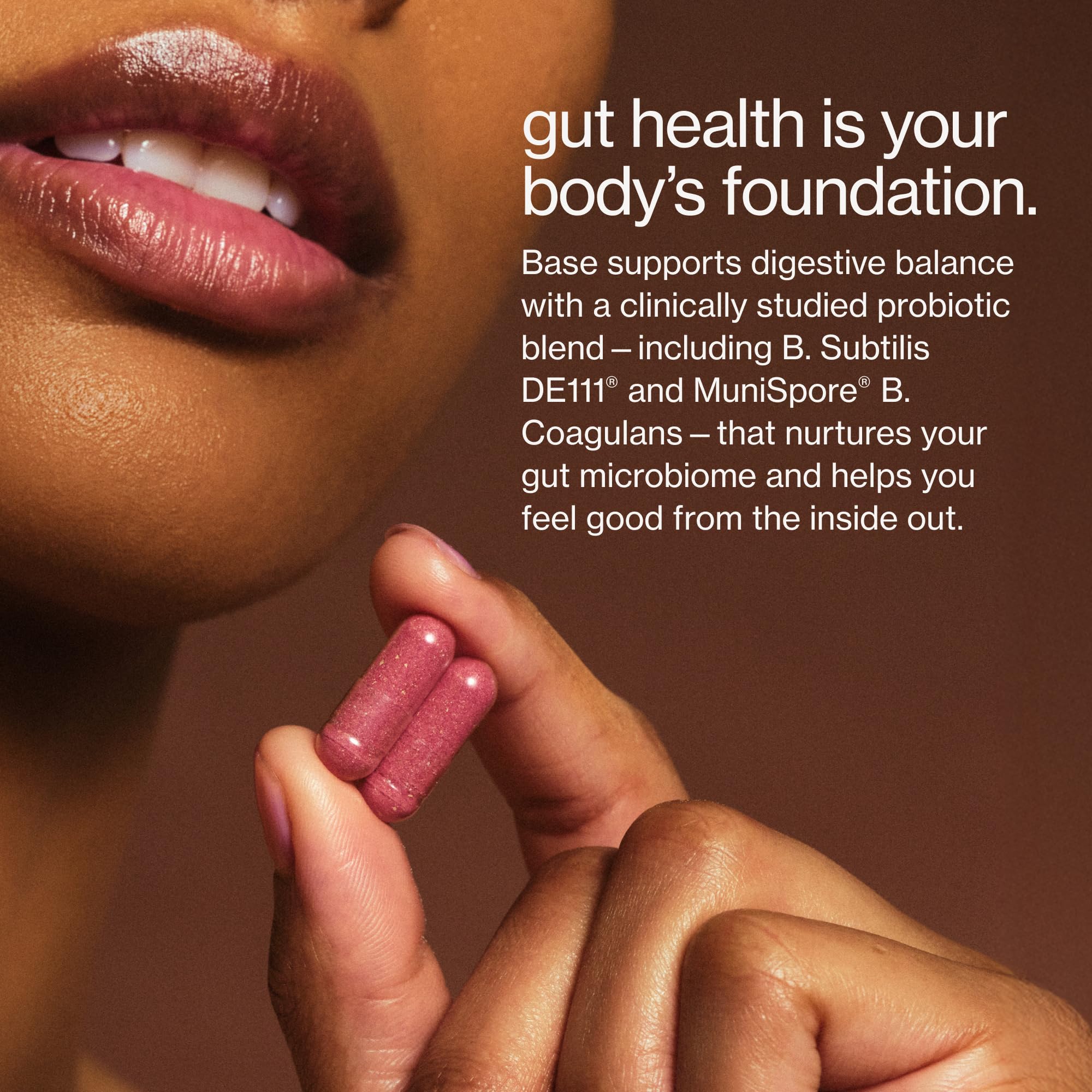 MAUDE Base capsules closeup highlighting probiotic pills