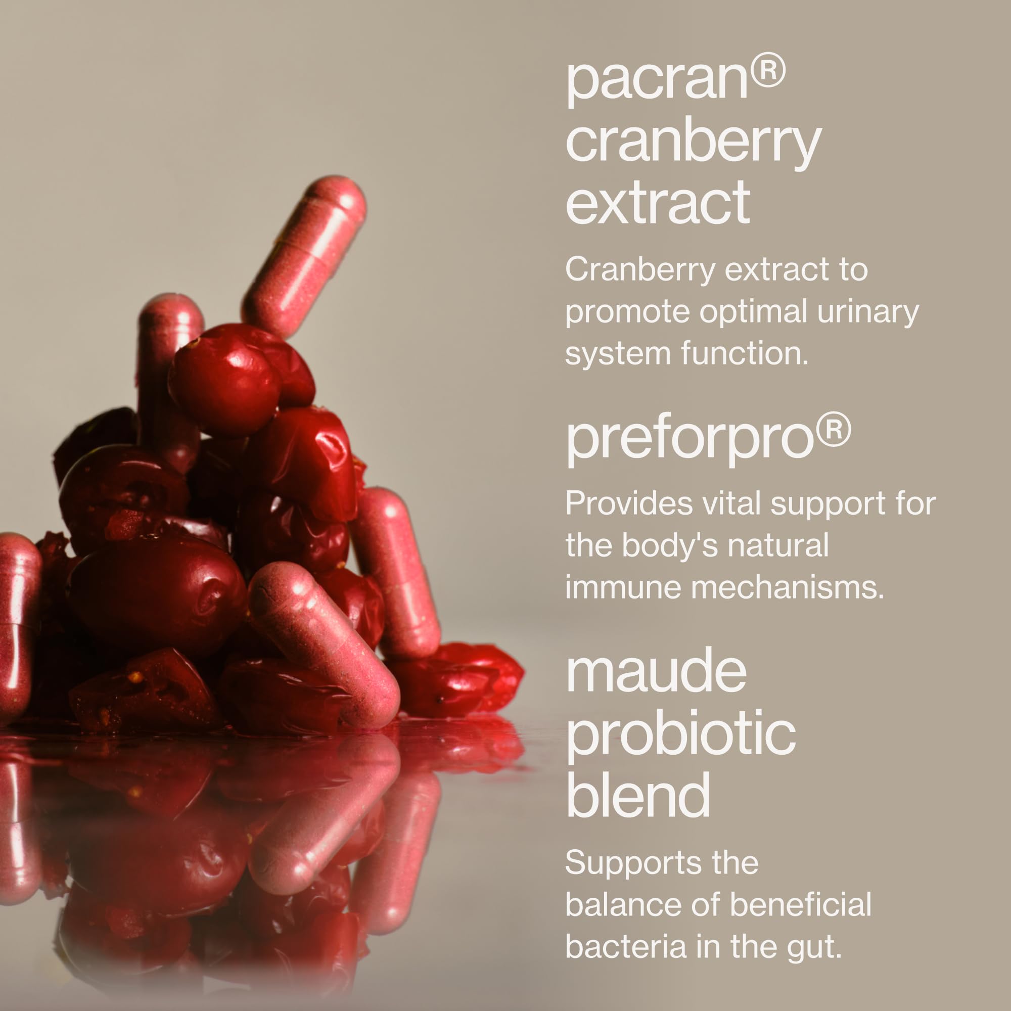 MAUDE cranberry powder scoop highlights PaCran extract for urinary wellness