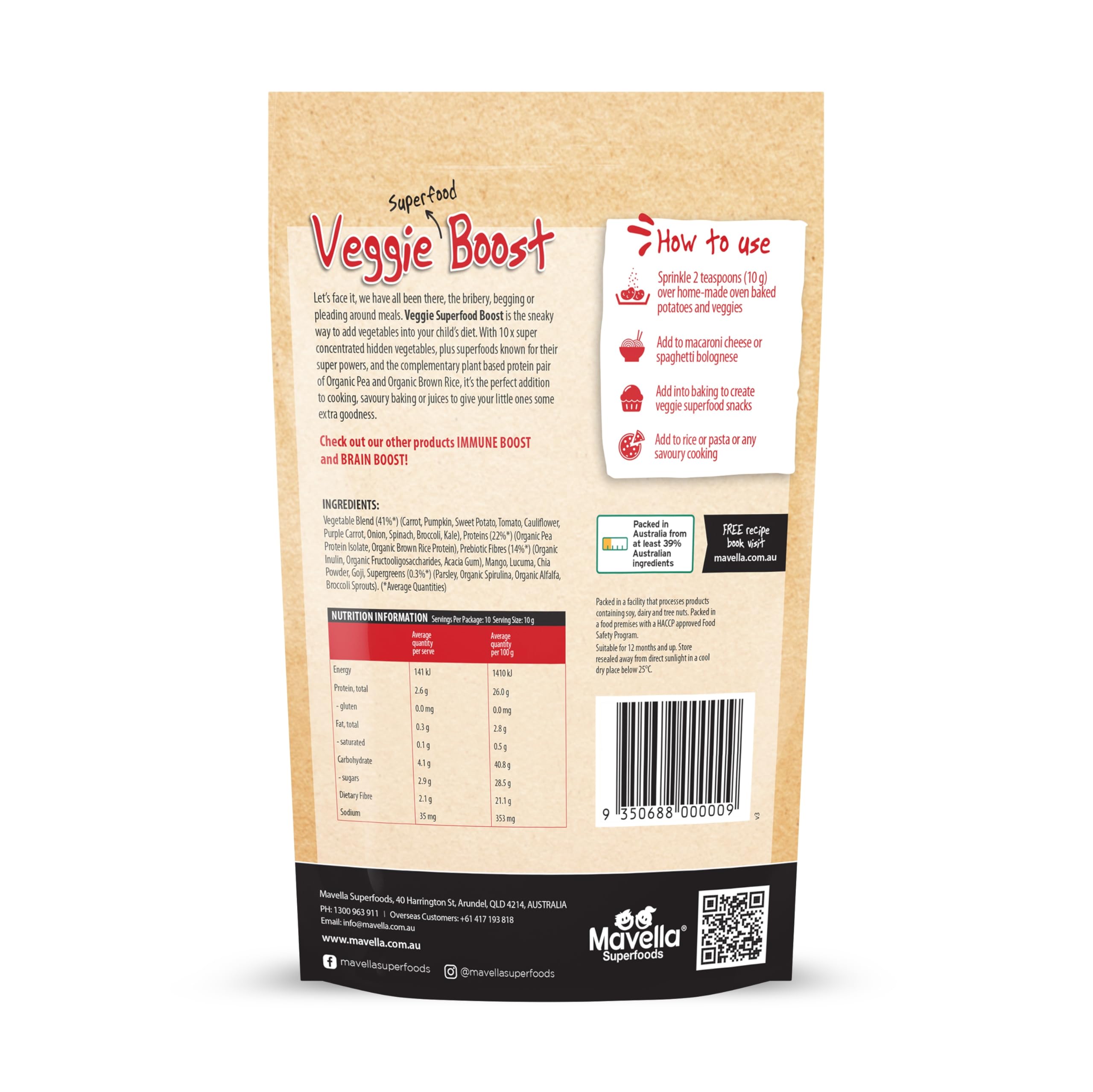 Mavella Veggie Powder label highlighting natural ingredients