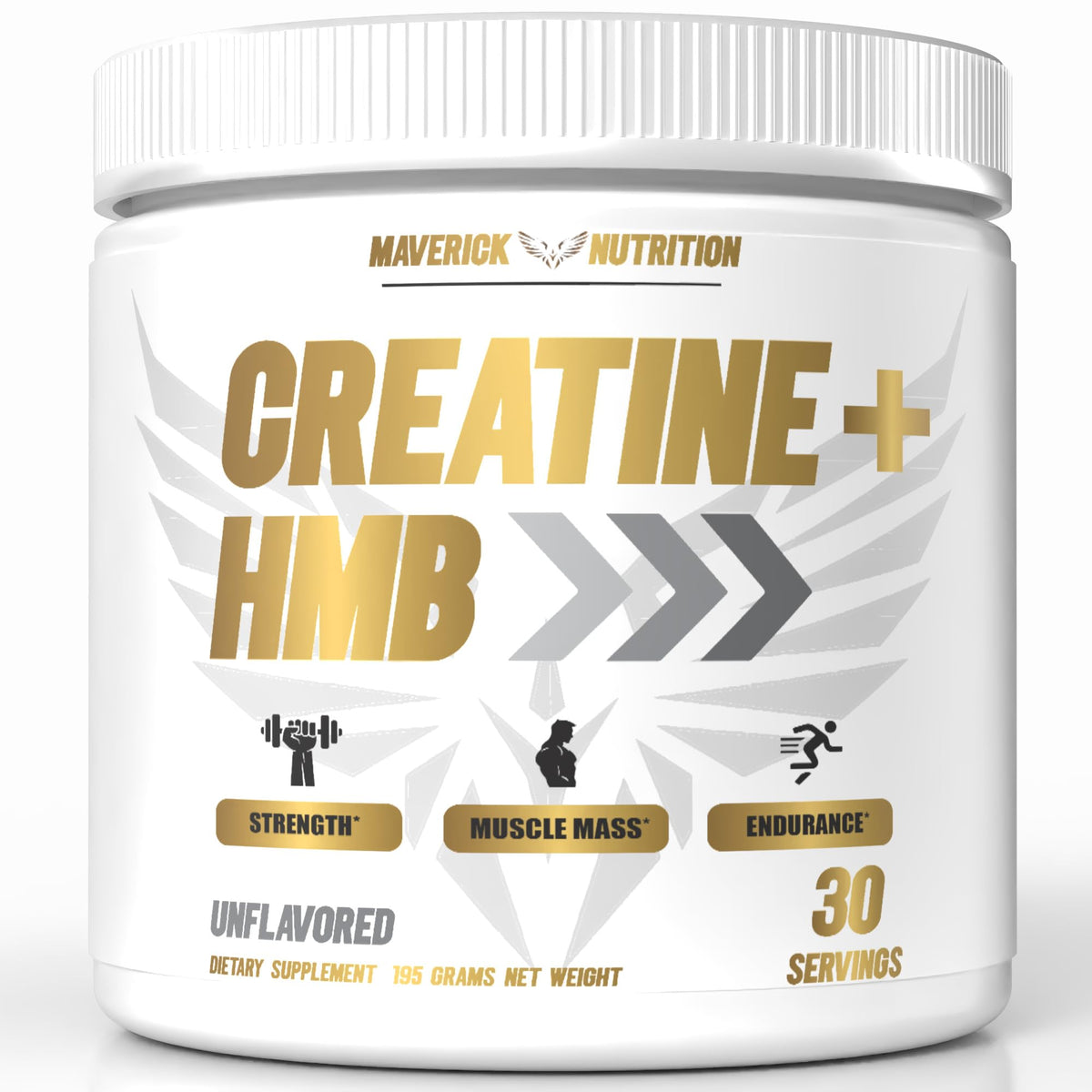 Maverick Nutrition Creatine HMB bottle label highlights purity for reliable workouts.