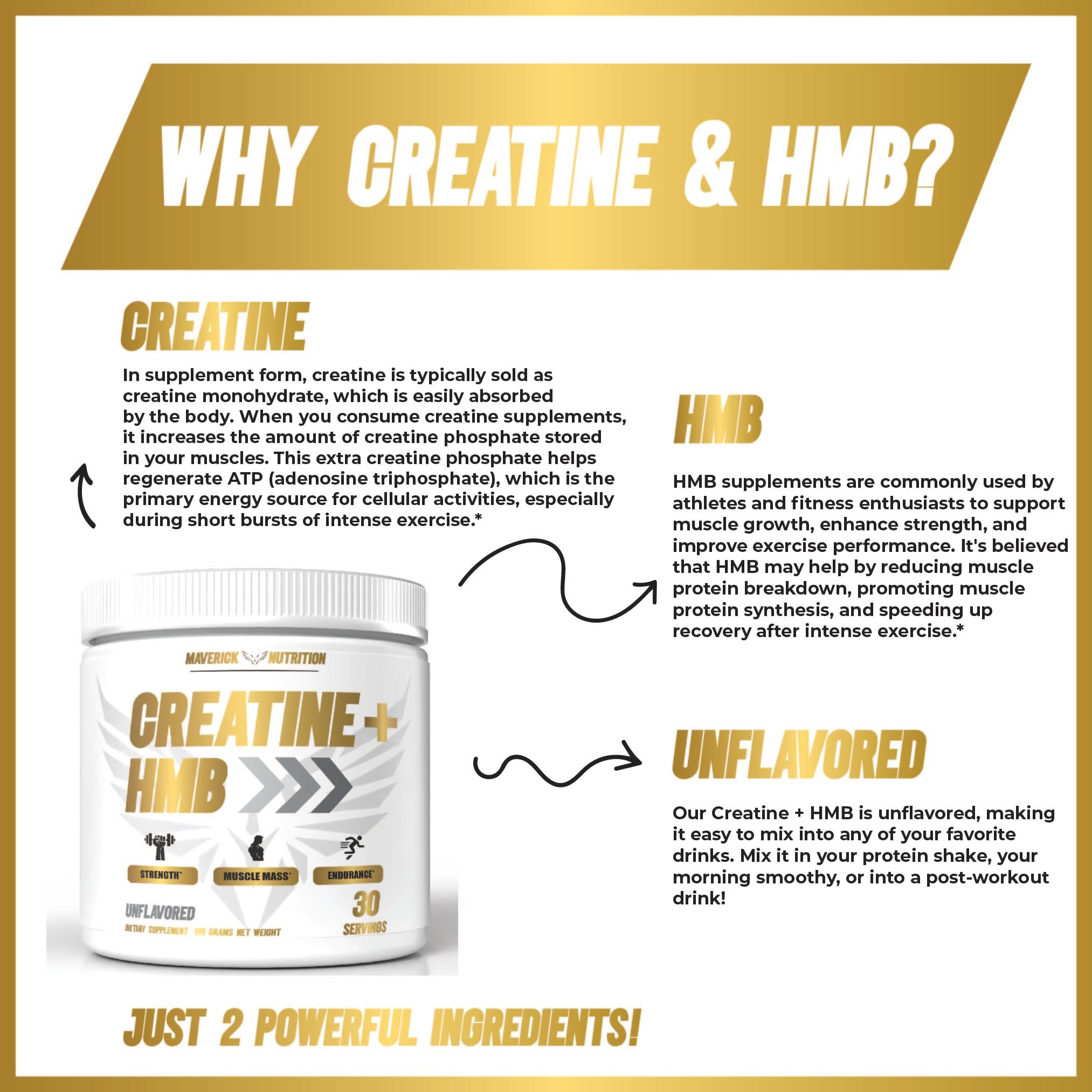 Ingredient visual graphic showing Creatine Monohydrate and HMB benefits from Maverick Nutrition.