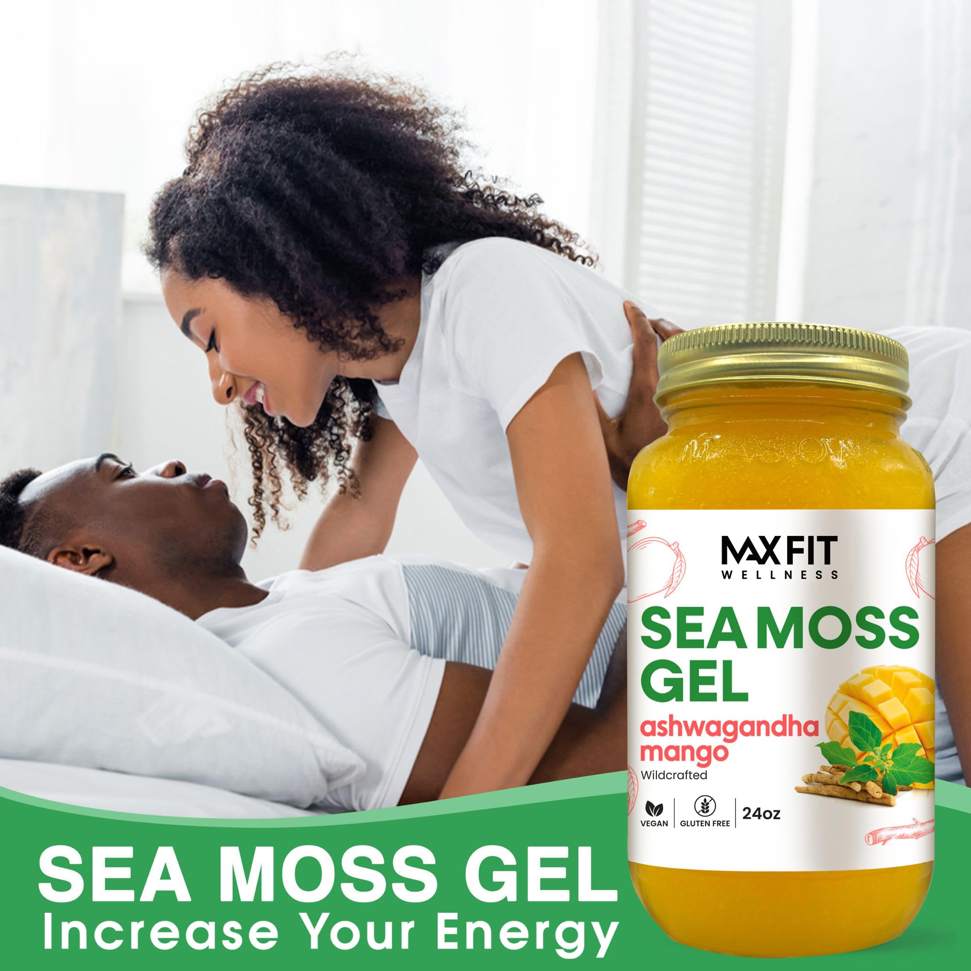 MAX FIT sea moss gel with ashwagandha mango flavor options for customization.