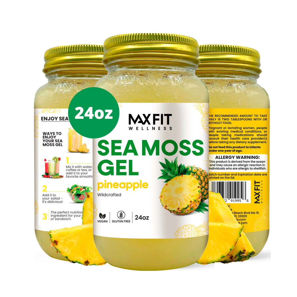 MAX FIT Sea Moss Gel 24oz gold jar for daily nutrition and versatility.