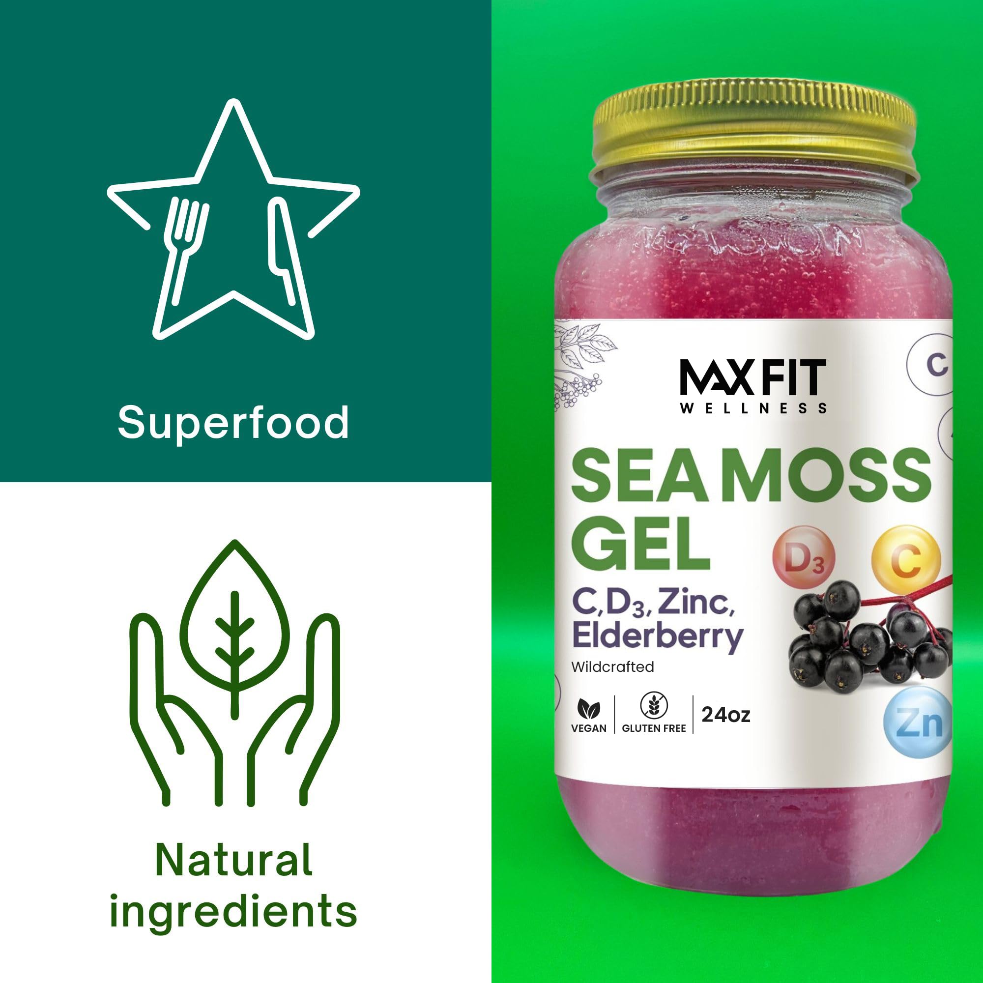 MAX FIT Sea Moss Gel ingredients panel shows 92 vitamins and minerals.