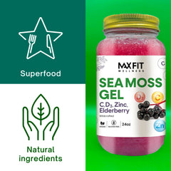 MAX FIT Sea Moss Gel ingredients panel shows 92 vitamins and minerals.