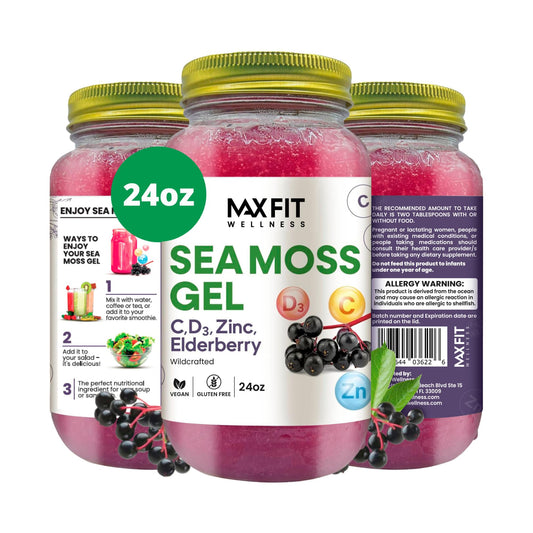 MAX FIT Sea Moss Gel jar front with golden gel, ready for daily use.