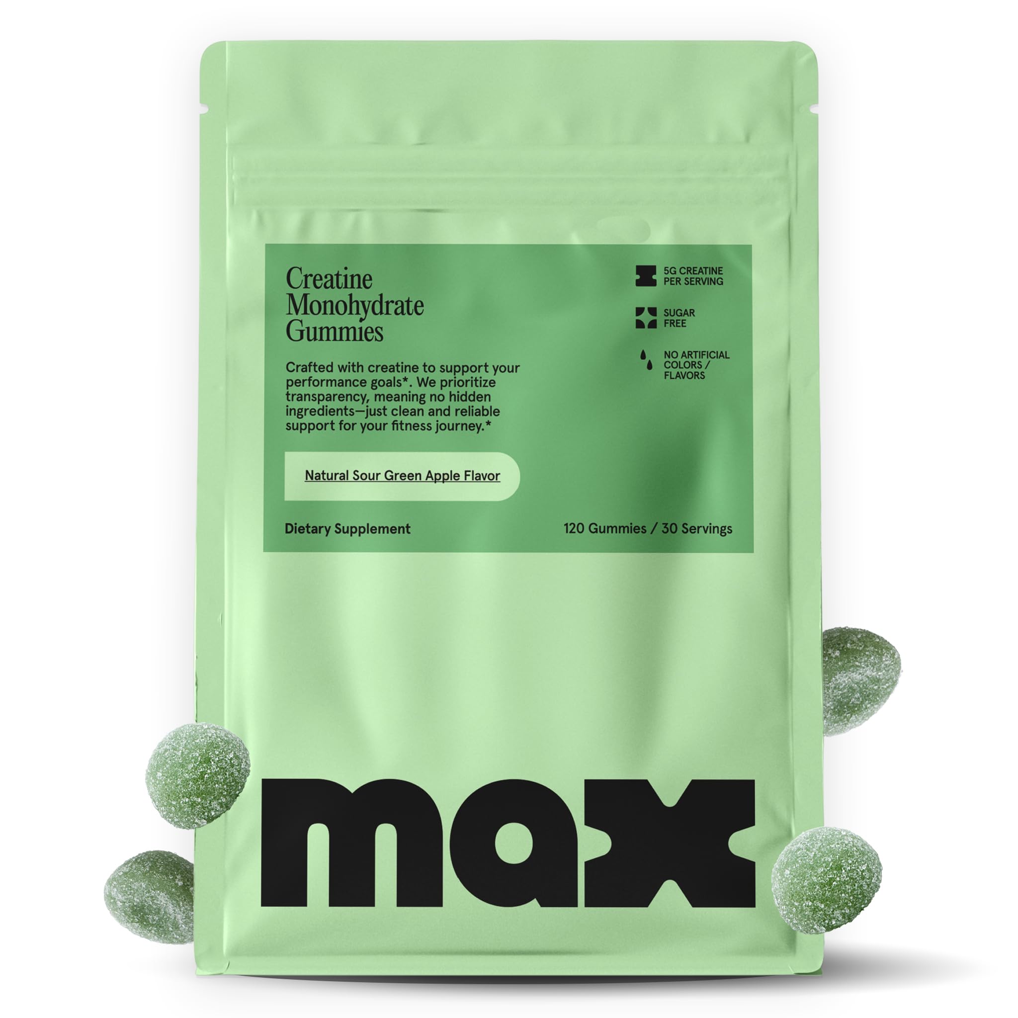 Max Gummies creatine monohydrate bottle shows 5 g per serving for strength support.