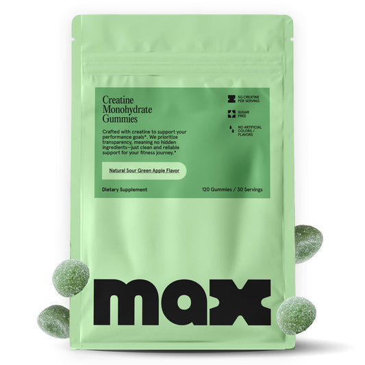 Max Gummies creatine monohydrate bottle shows 5 g per serving for strength support.