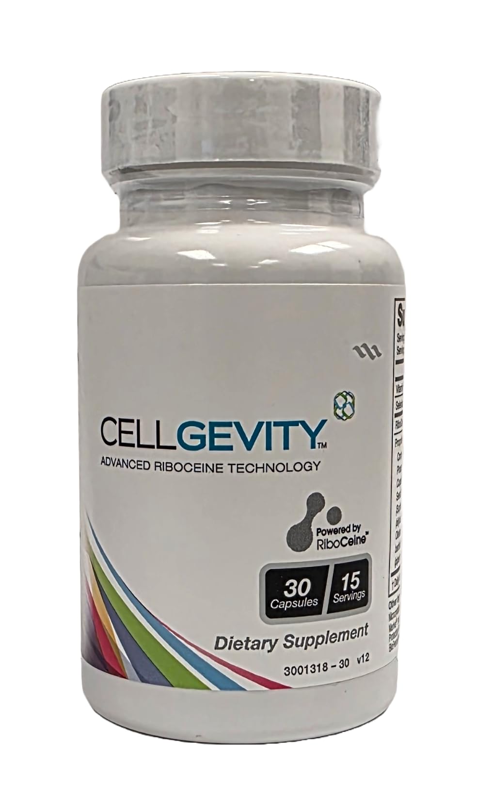 Max International Cellgevity bottle pour shows RiboCeine-based formula for daily detox support.