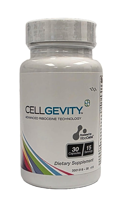 Max International Cellgevity bottle pour shows RiboCeine-based formula for daily detox support.