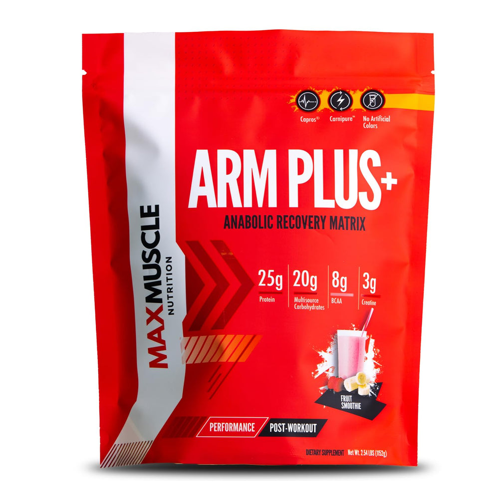 Max Muscle Arm Plus+ bottle front emphasizes recovery support after workouts.