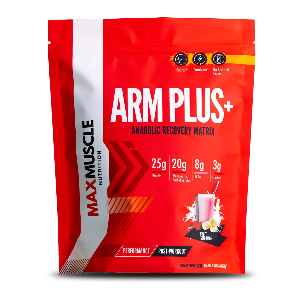 Max Muscle Arm Plus+ bottle front emphasizes recovery support after workouts.