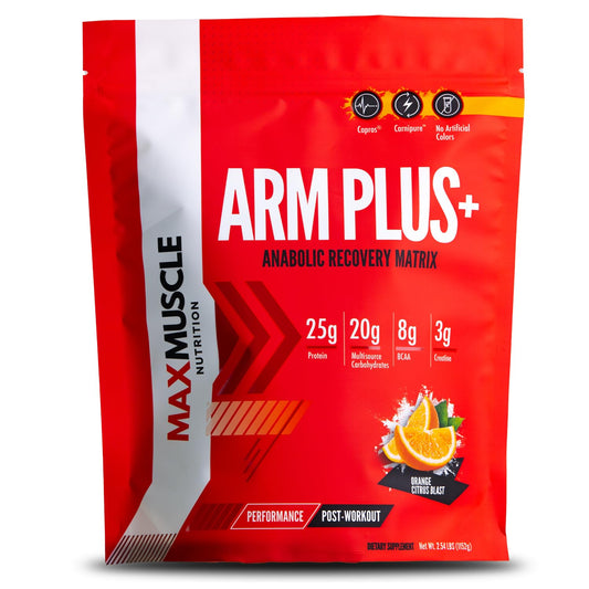 Max Muscle Arm Plus+ bottle front for post-workout recovery flavor Orange Citrus Blast.