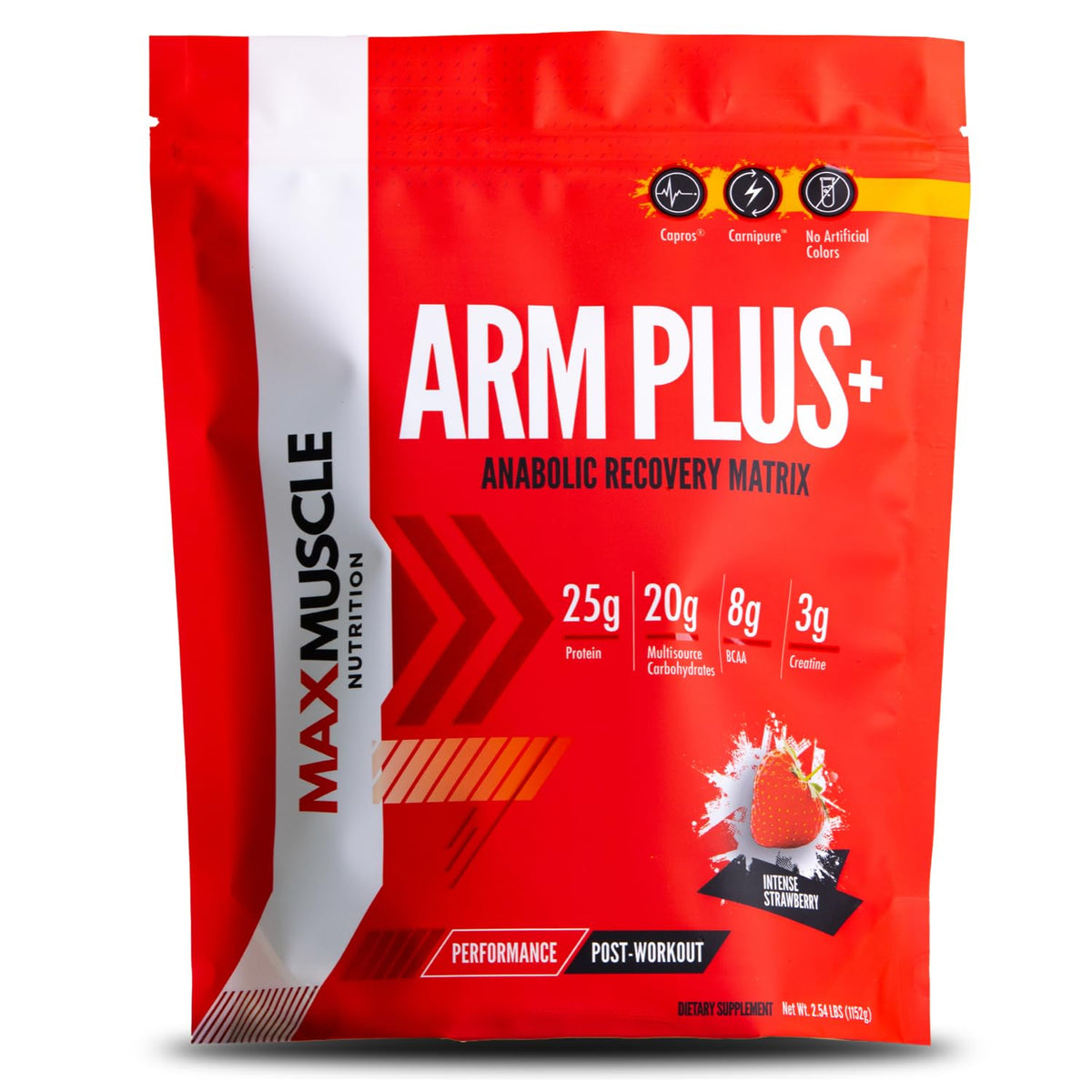 Max Muscle Arm Plus+ bottle front showing Intense Strawberry flavor and recovery formula.