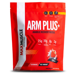 Max Muscle Arm Plus+ bottle front showing Intense Strawberry flavor and recovery formula.