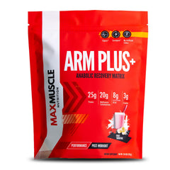 Max Muscle Arm Plus+ bottle front emphasizes recovery support after workouts.