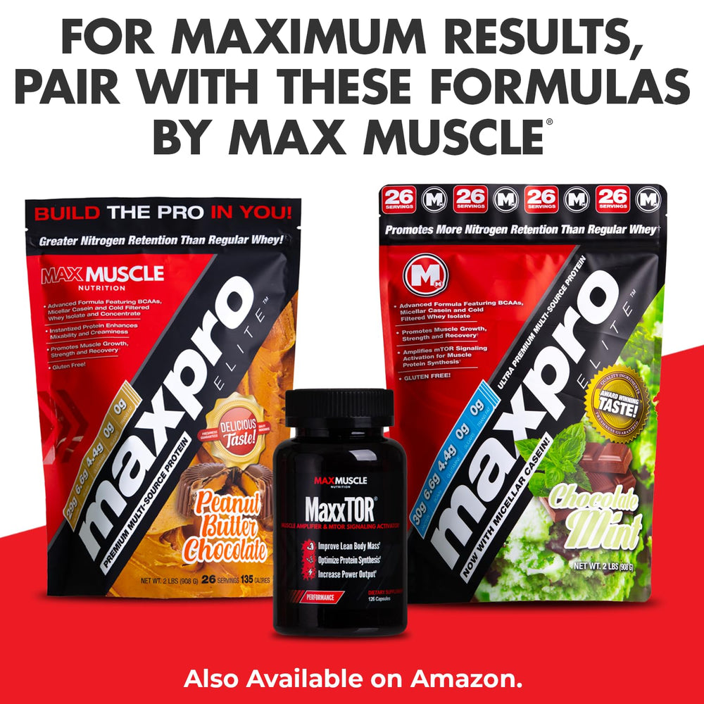 Max Muscle Arm Plus+ label close-up underscores GMP quality and trust.