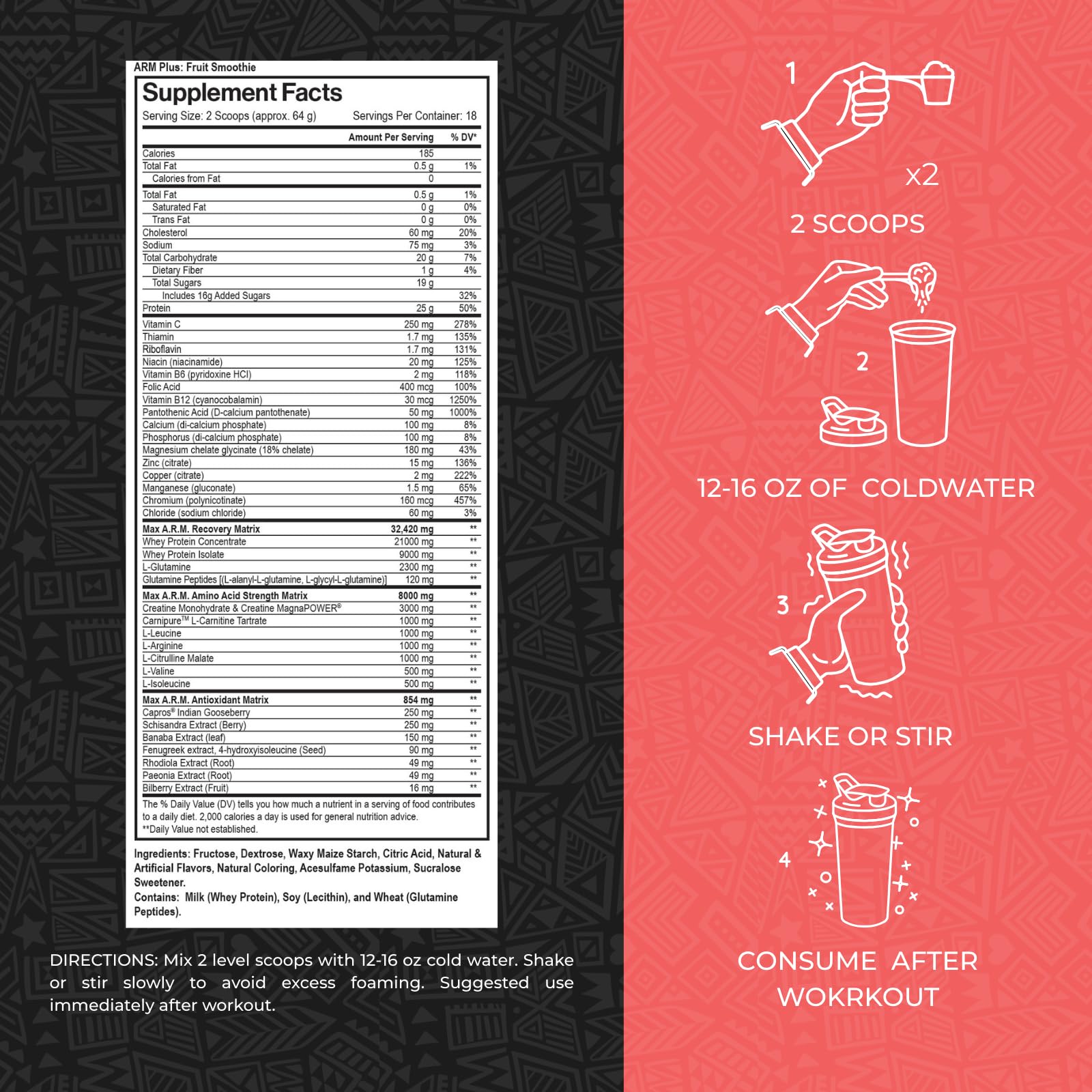 Max Muscle Arm Plus+ powder scoop shows protein and amino acids richness.