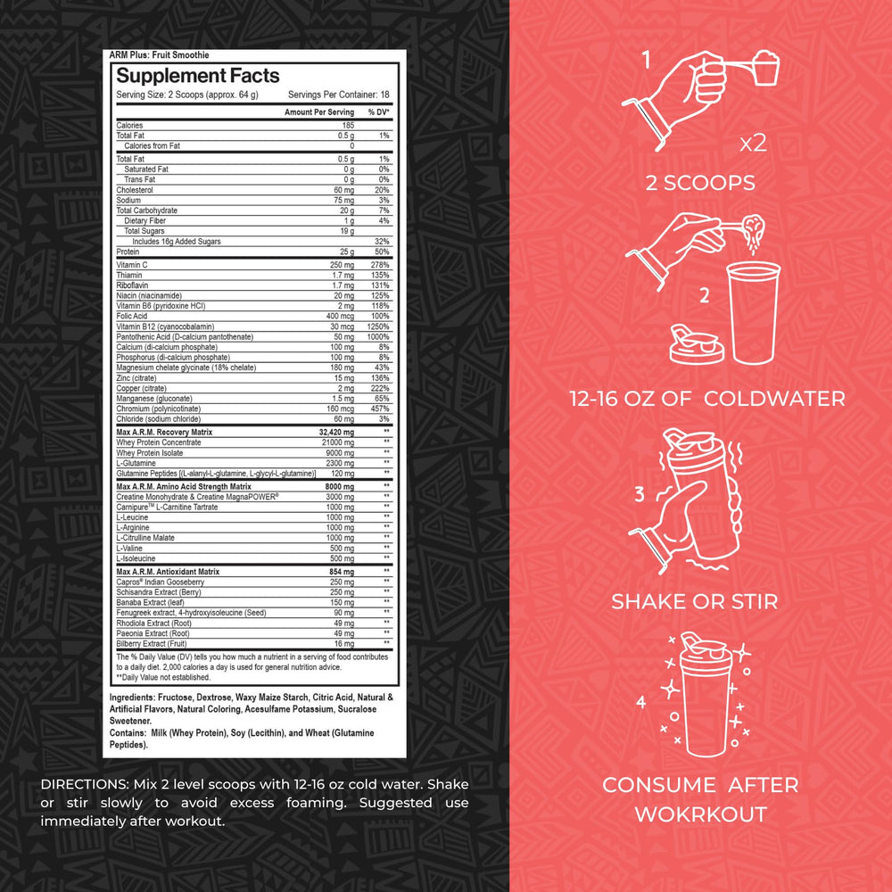 Max Muscle Arm Plus+ powder scoop shows protein and amino acids richness.