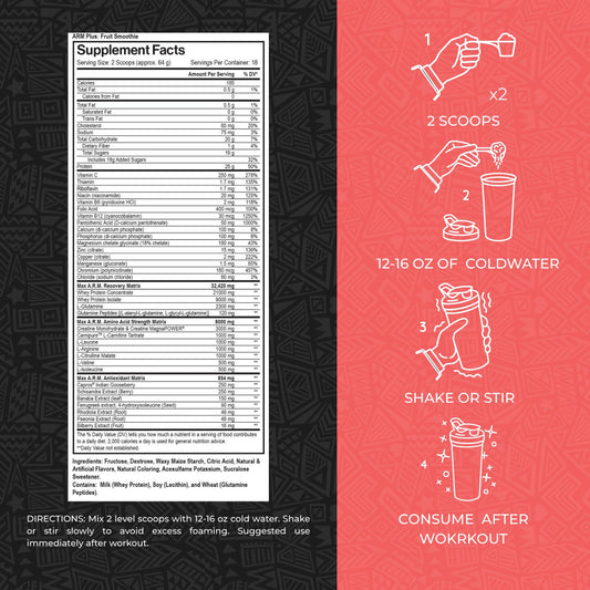 Max Muscle Arm Plus+ powder scoop shows protein and amino acids richness.