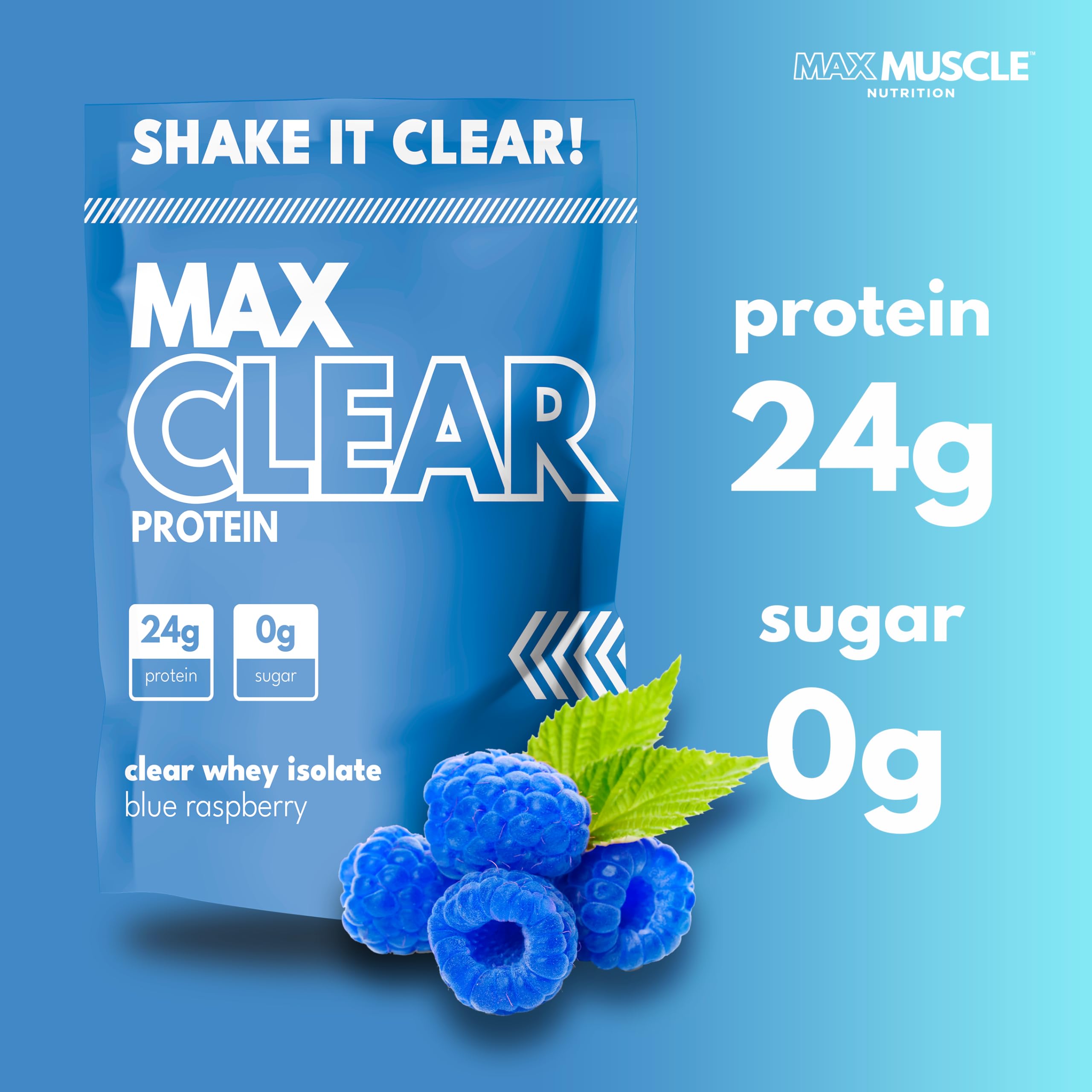Max Muscle Max Clear Protein blue raspberry pour highlights smooth, refreshing drink.