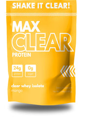 Max Muscle Max Clear Protein bottle pouring mango shake for refreshing post-workout hydration.