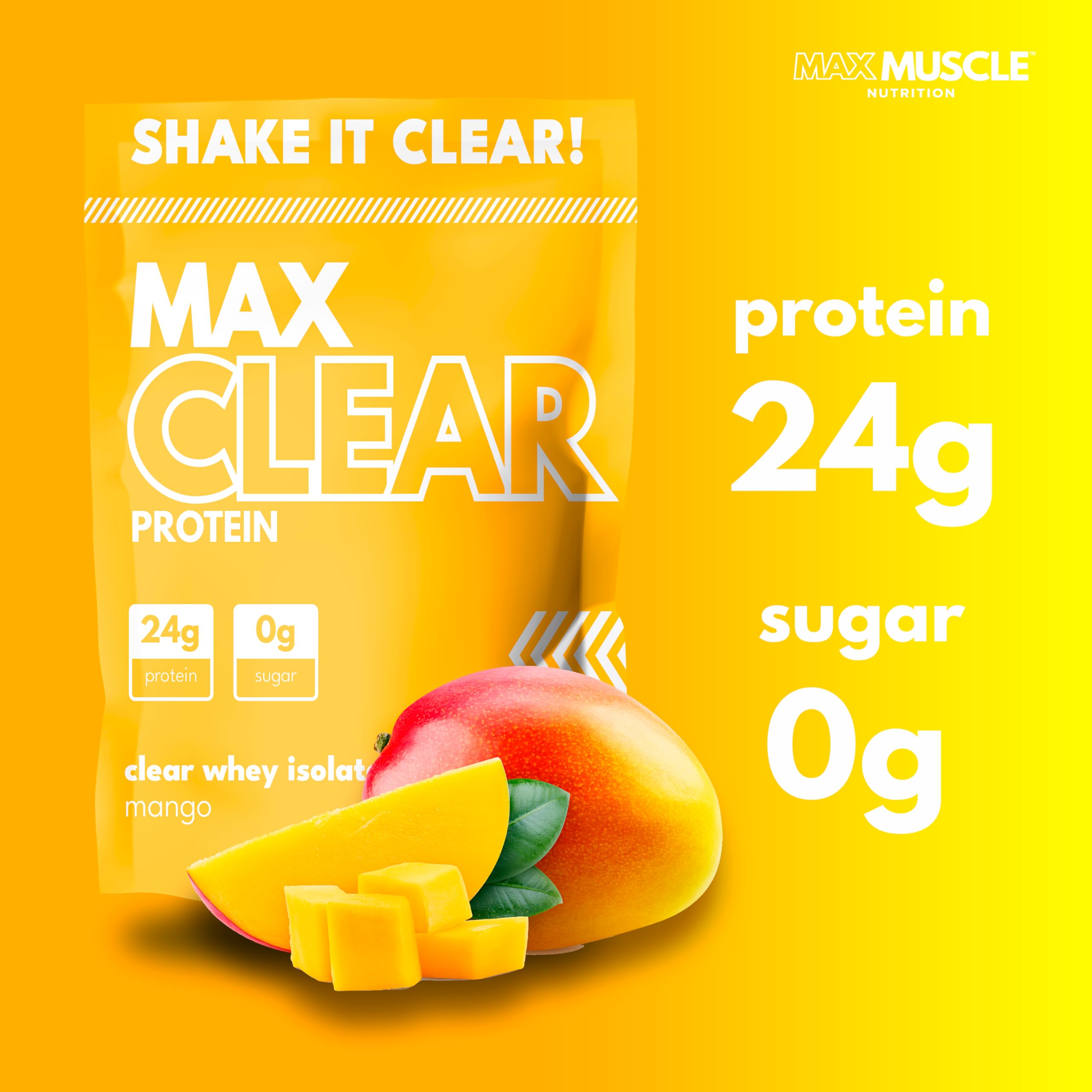 Max Clear Protein shake in glass with mango flavor, fast-dissolving whey for lean muscle.