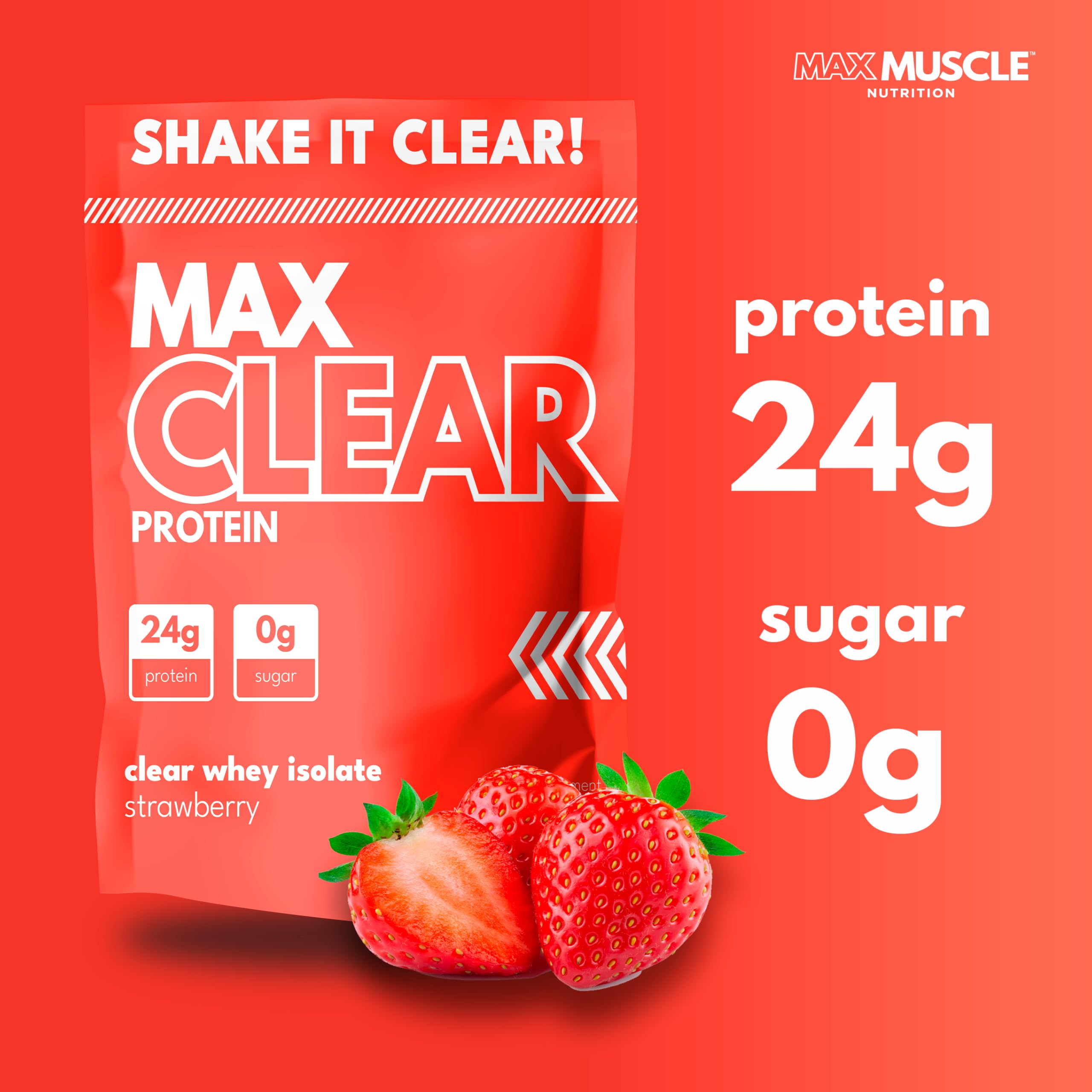 Glass of Max Clear Protein strawberry shake showing juice-like texture and hydration