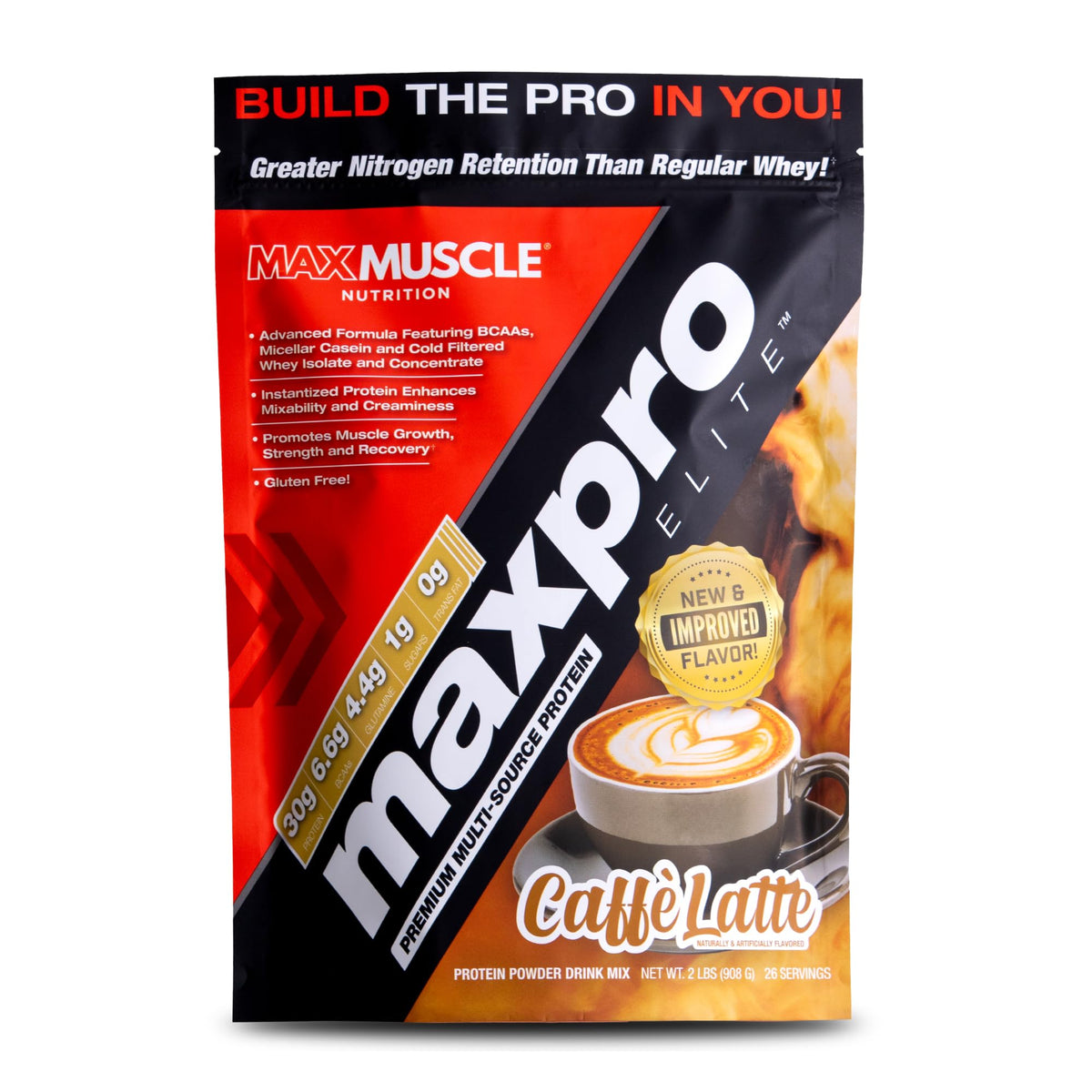 Max Muscle Maxpro Elite bottle front showing Cafe Latte flavor for daily protein intake